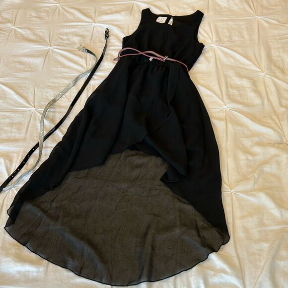 CRB Girl's Black Sleeveless Empire Waist Asymmetrical Tulip Dress w/3 Belts Sz 8 - Picture 1 of 7